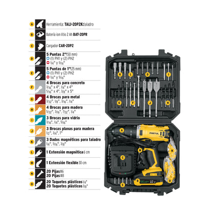 Kit taladro 1/2', 20V, 1 batería 2Ah, 32 accesorios, PRETUL | TALI-20P2K | 29001