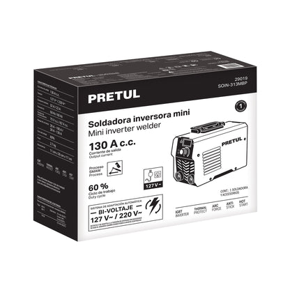 Mini soldadora inversora 130A, bi-voltaje, Serie 300, PRETUL | SOIN-313MBP | 29019