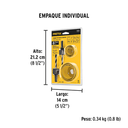 Juego de 7 brocasierras acero al carbono y 1 mandril, Pretul | KIT-8P | 29100