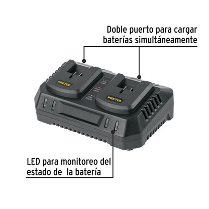 Cargador dual de baterías de ion litio 20V, PRETUL | CARD-20P | 29919