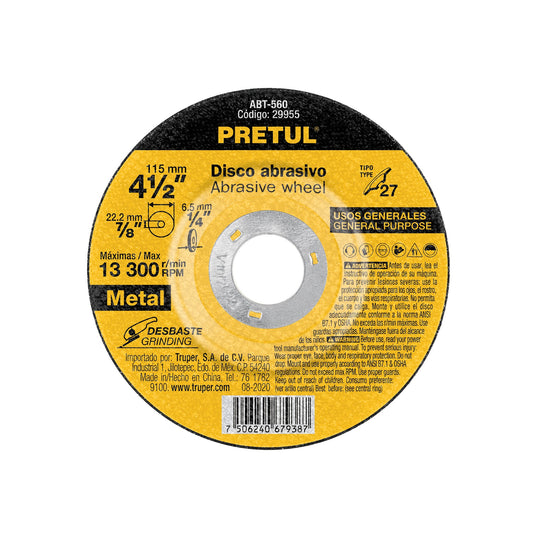 Disco Tipo 27 de 4-1/2' x 6.2 mm desbaste de metal, Pretul | ABT-560 | 29955