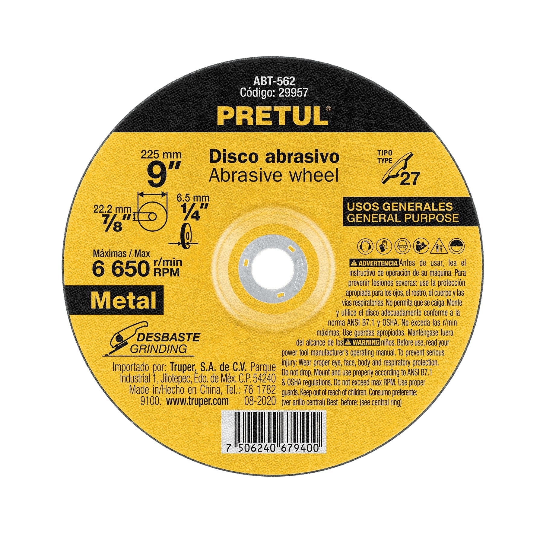 Disco Tipo 27 de 9' x 6.2 mm desbaste de metal, Pretul | ABT-562 | 29957
