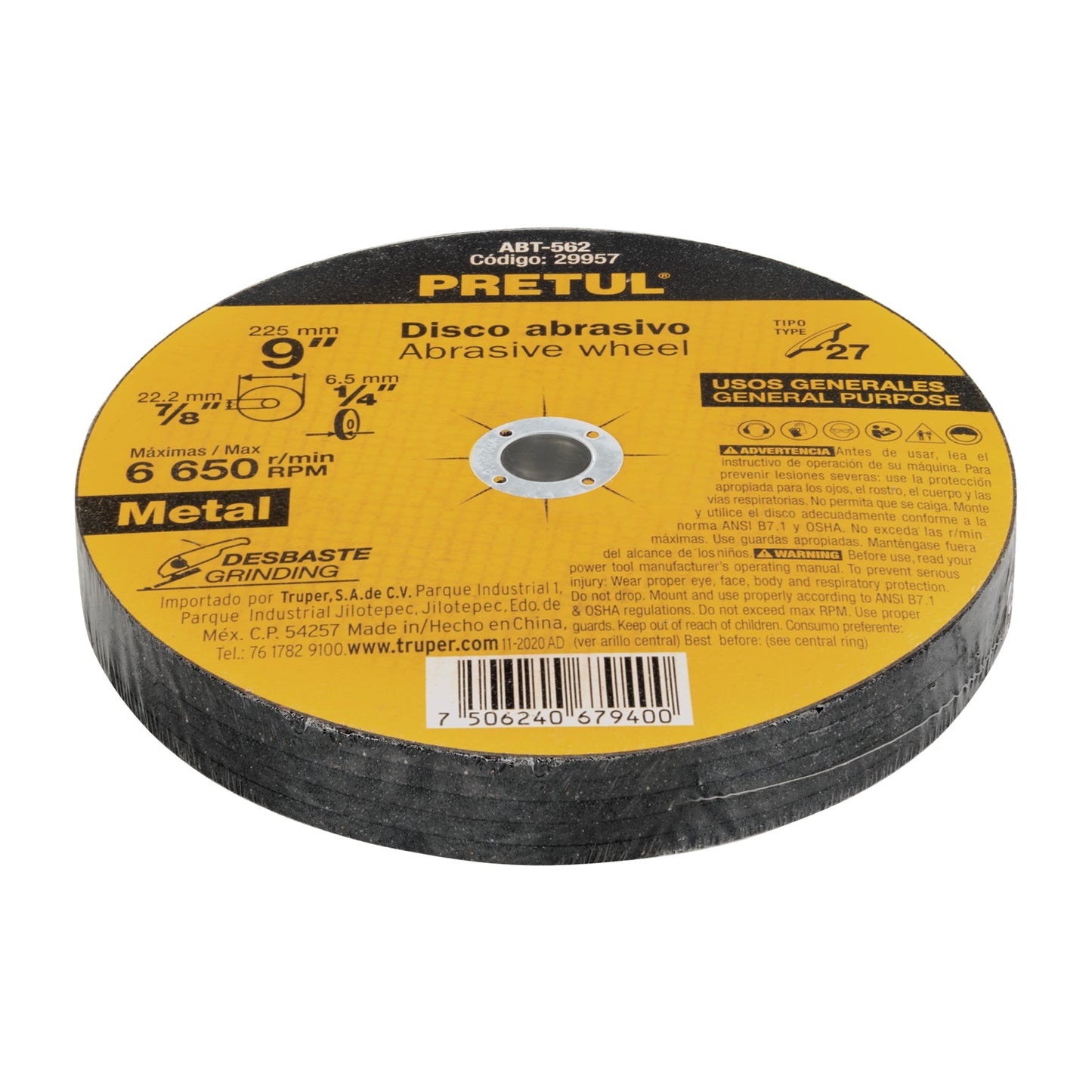 Disco Tipo 27 de 9' x 6.2 mm desbaste de metal, Pretul | ABT-562 | 29957
