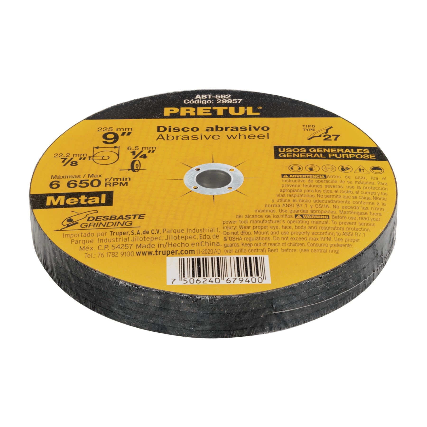 Disco Tipo 27 de 9' x 6.2 mm desbaste de metal, Pretul | ABT-562 | 29957