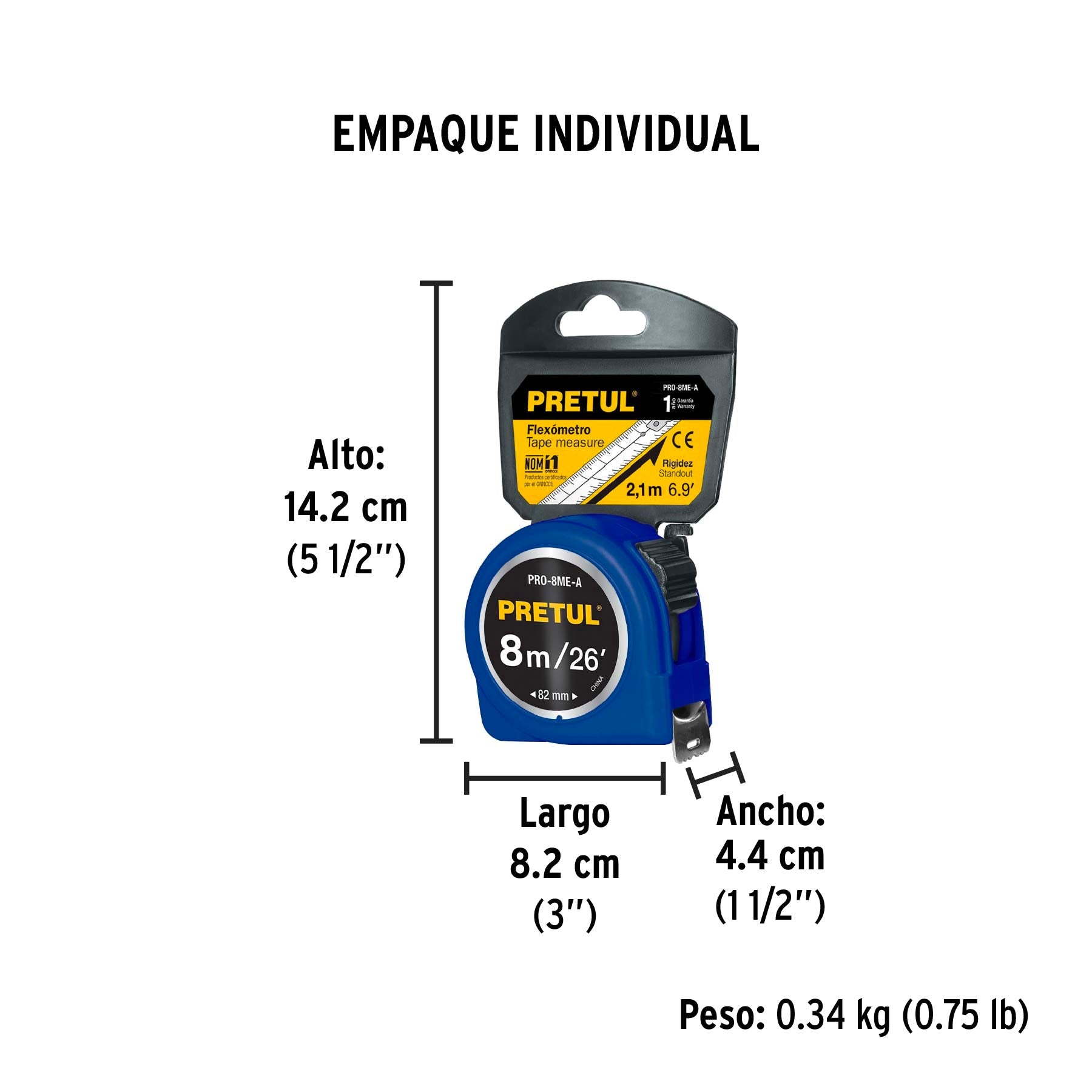 Flexómetro azul 8 m cinta 25 mm, en tarjeta, PRETUL | PRO-8ME-A | 29998