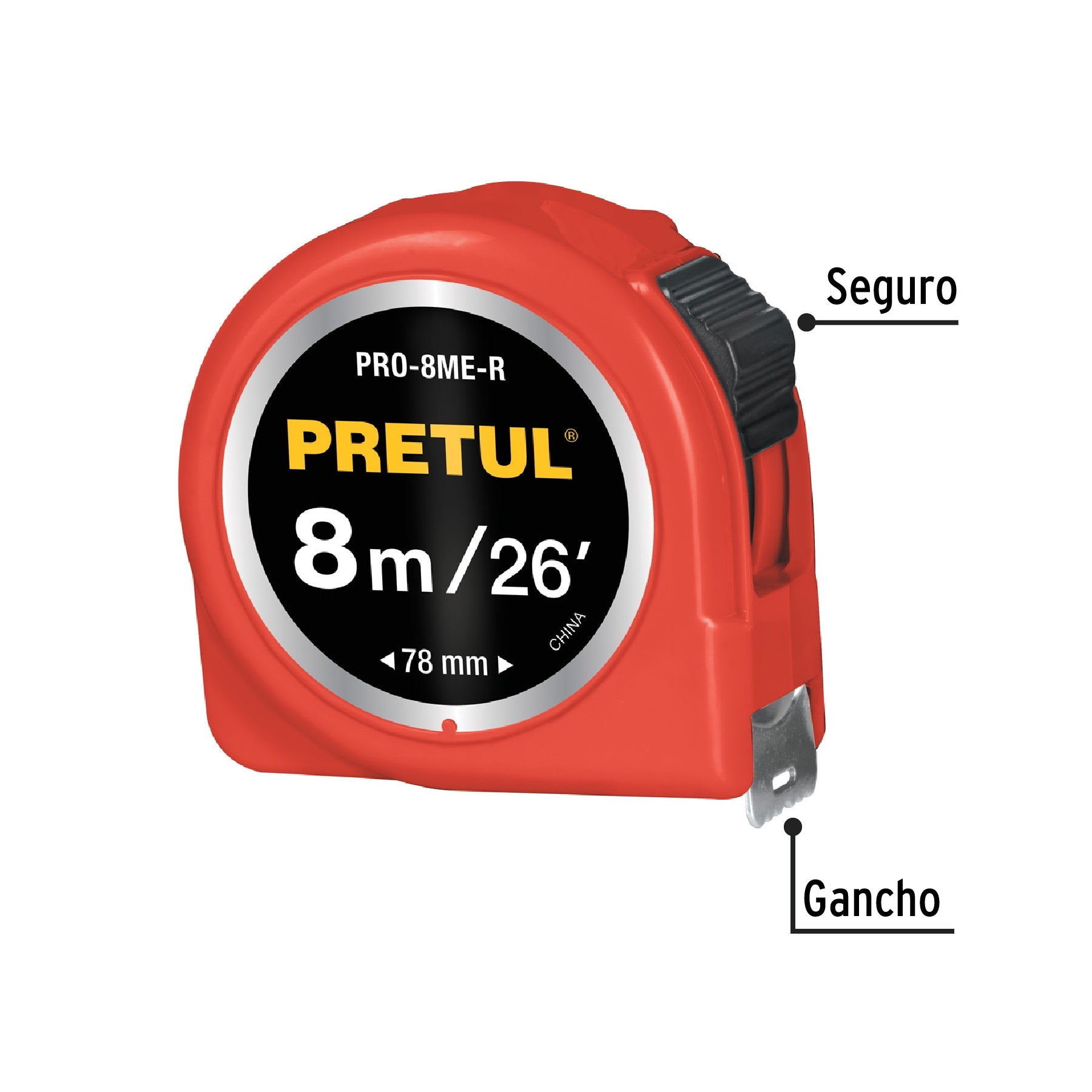 Flexómetro rojo 8 m cinta 25 mm, en tarjeta, PRETUL | PRO-8ME-R | 29999