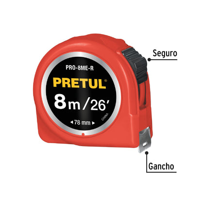 Flexómetro rojo 8 m cinta 25 mm, en tarjeta, PRETUL | PRO-8ME-R | 29999