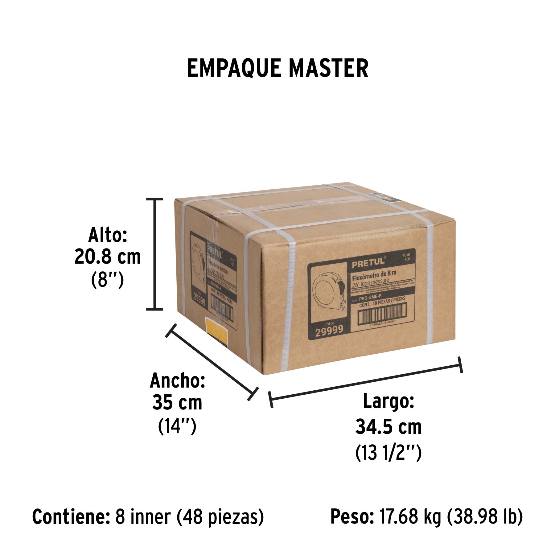 Flexómetro rojo 8 m cinta 25 mm, en tarjeta, PRETUL | PRO-8ME-R | 29999