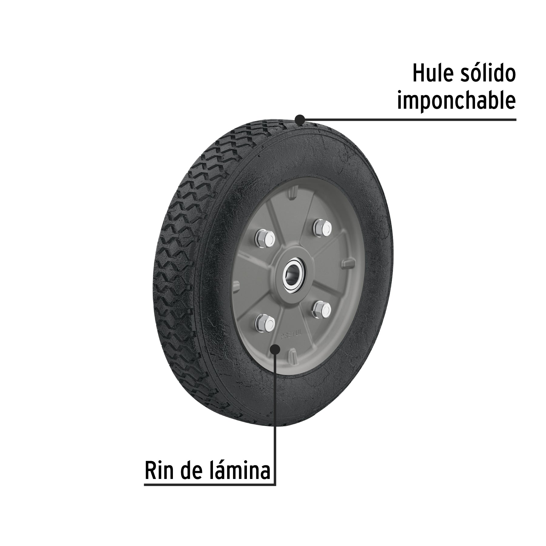 Rueda de hule sólido 10' para diablo, doble balero, Pretul | RD-102 | 45035