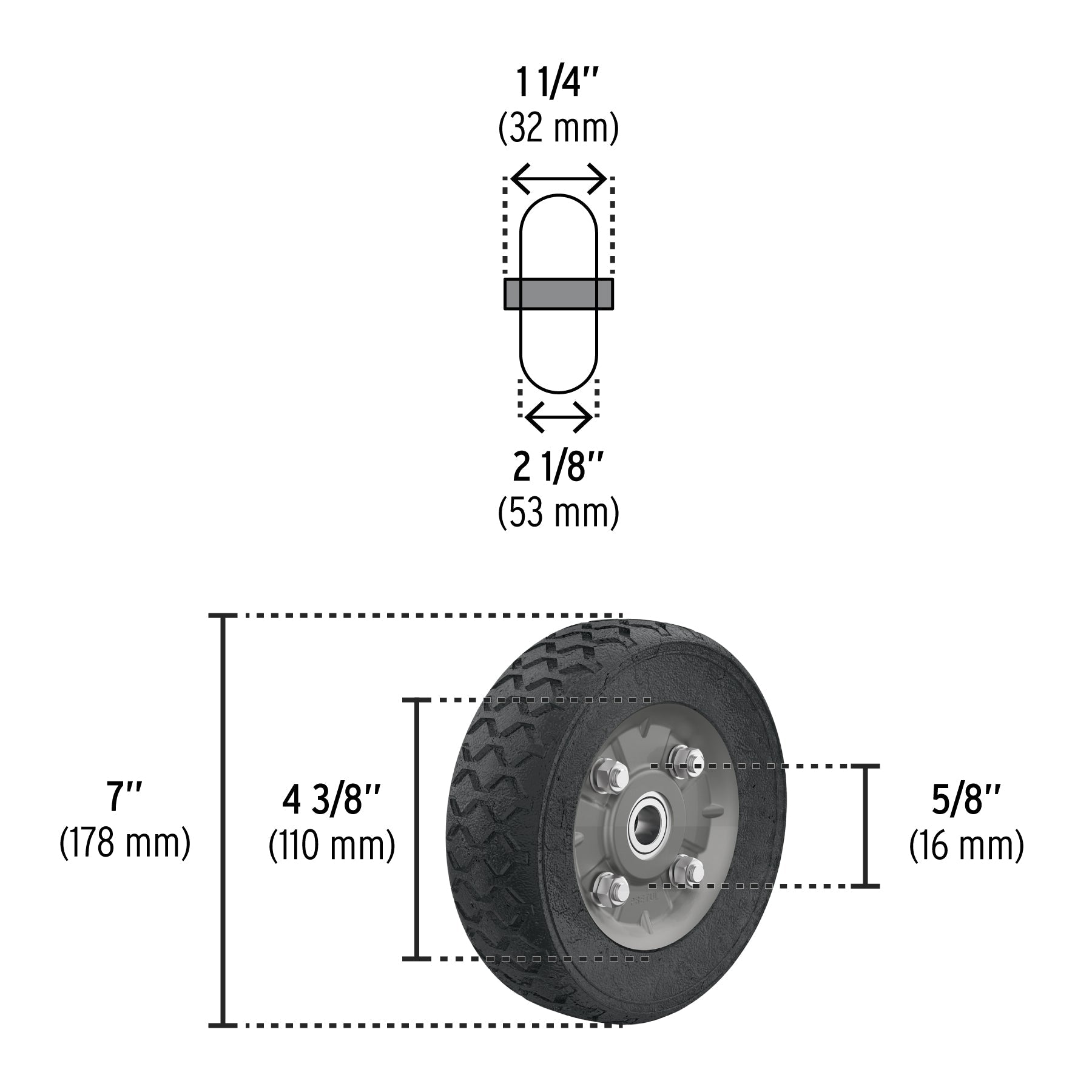 Rueda de hule sólido 7' para diablo, doble balero, Pretul | RD-72 | 45483