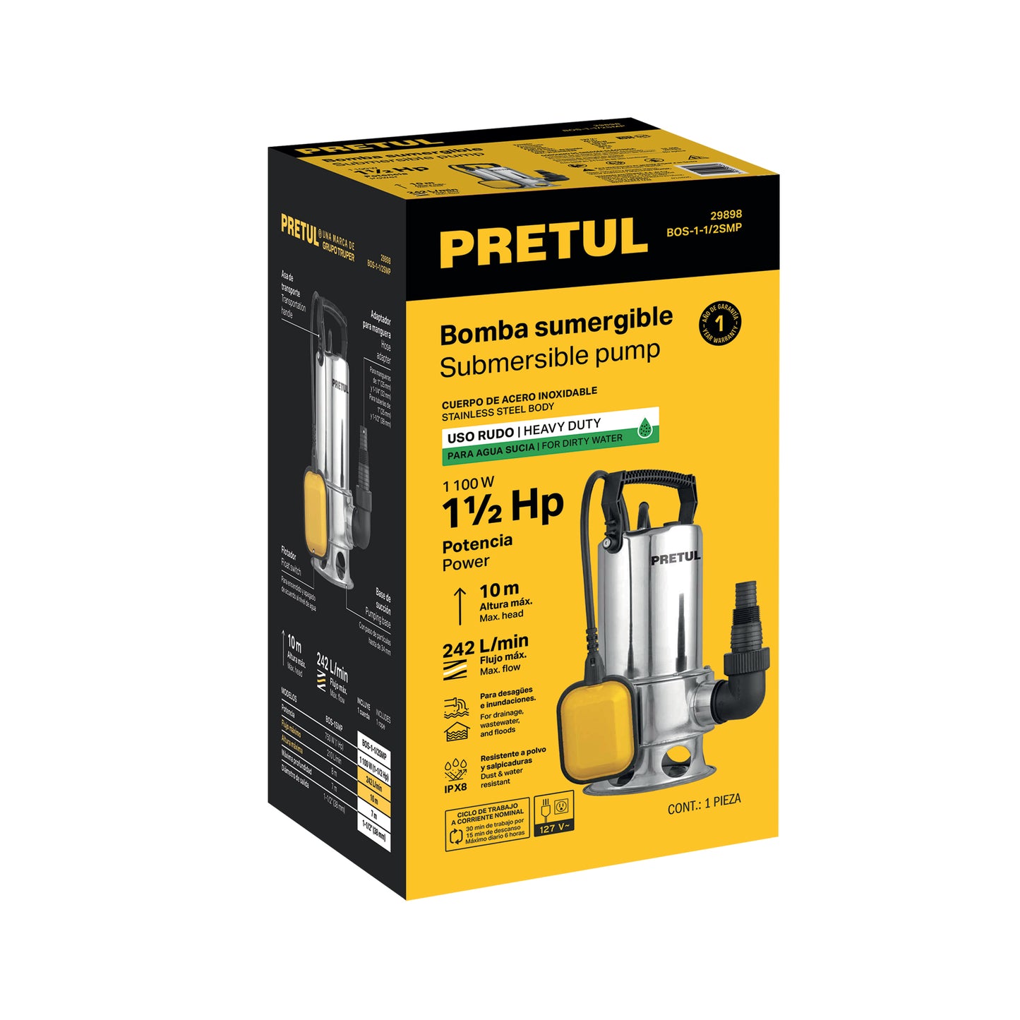 Bomba sumergible acero inoxidable,agua sucia,1-1/2HP, PRETUL | BOS-1-1/2SMP | 29898