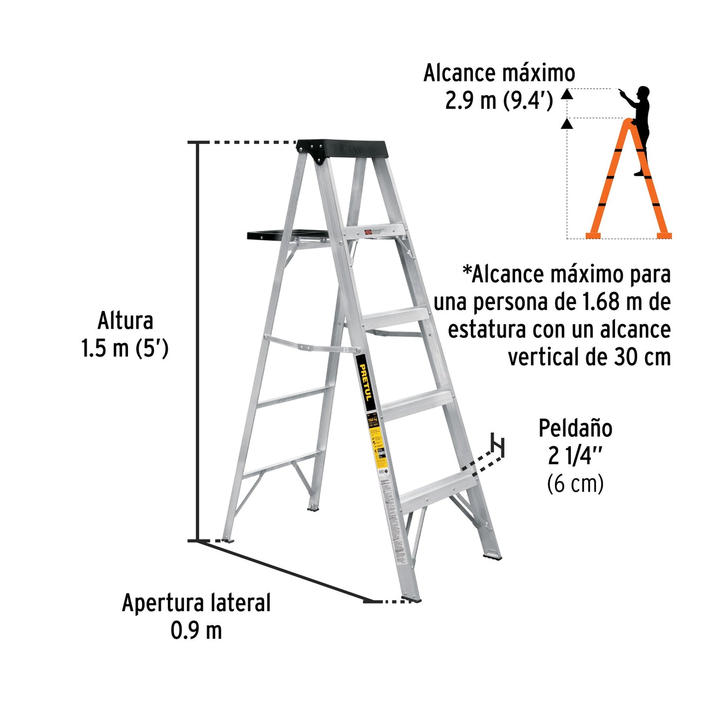 Escalera de tijera tipo III 4 escalones y bandeja, PRETUL | EST-34P | 20687