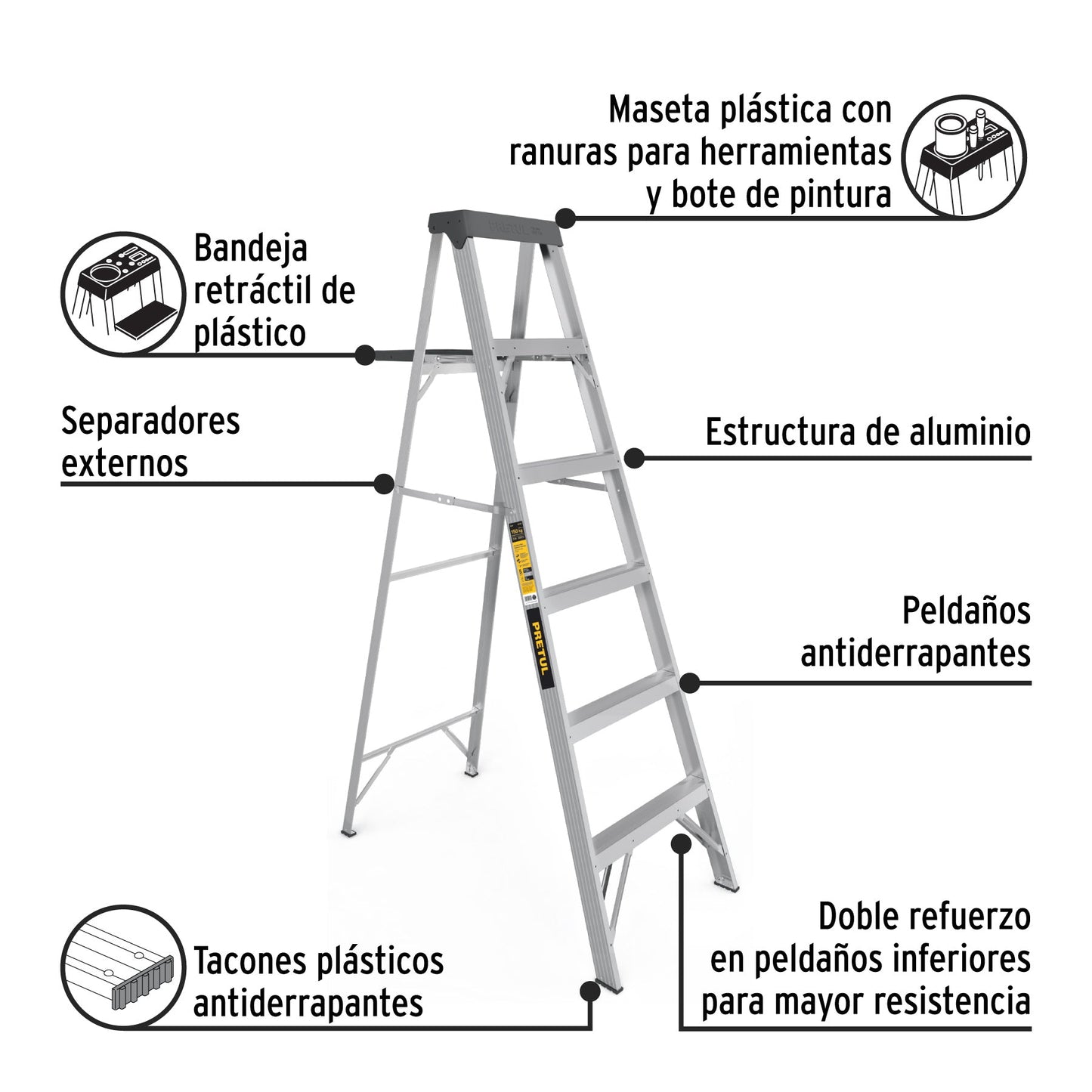 Escalera de tijera tipo III 5 escalones y bandeja, PRETUL | EST-35P | 20688