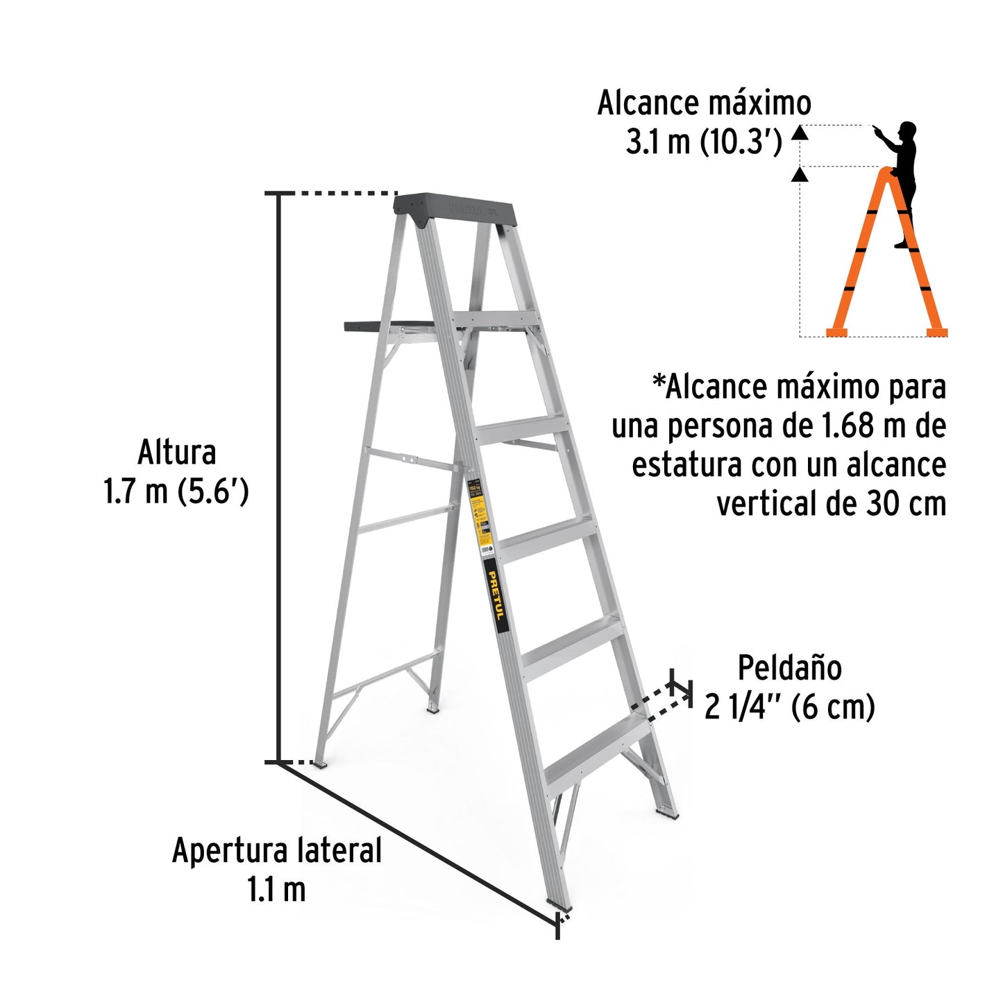 Escalera de tijera tipo III 6 escalones y bandeja, PRETUL | EST-36P | 20689