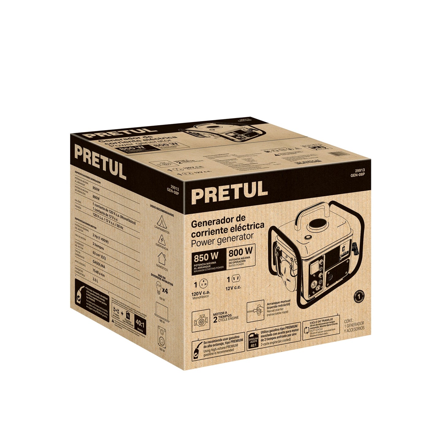 Generador portátil 0.8 kW motor 2 tiempos a gasolina, PRETUL | GEN-08P | 29913