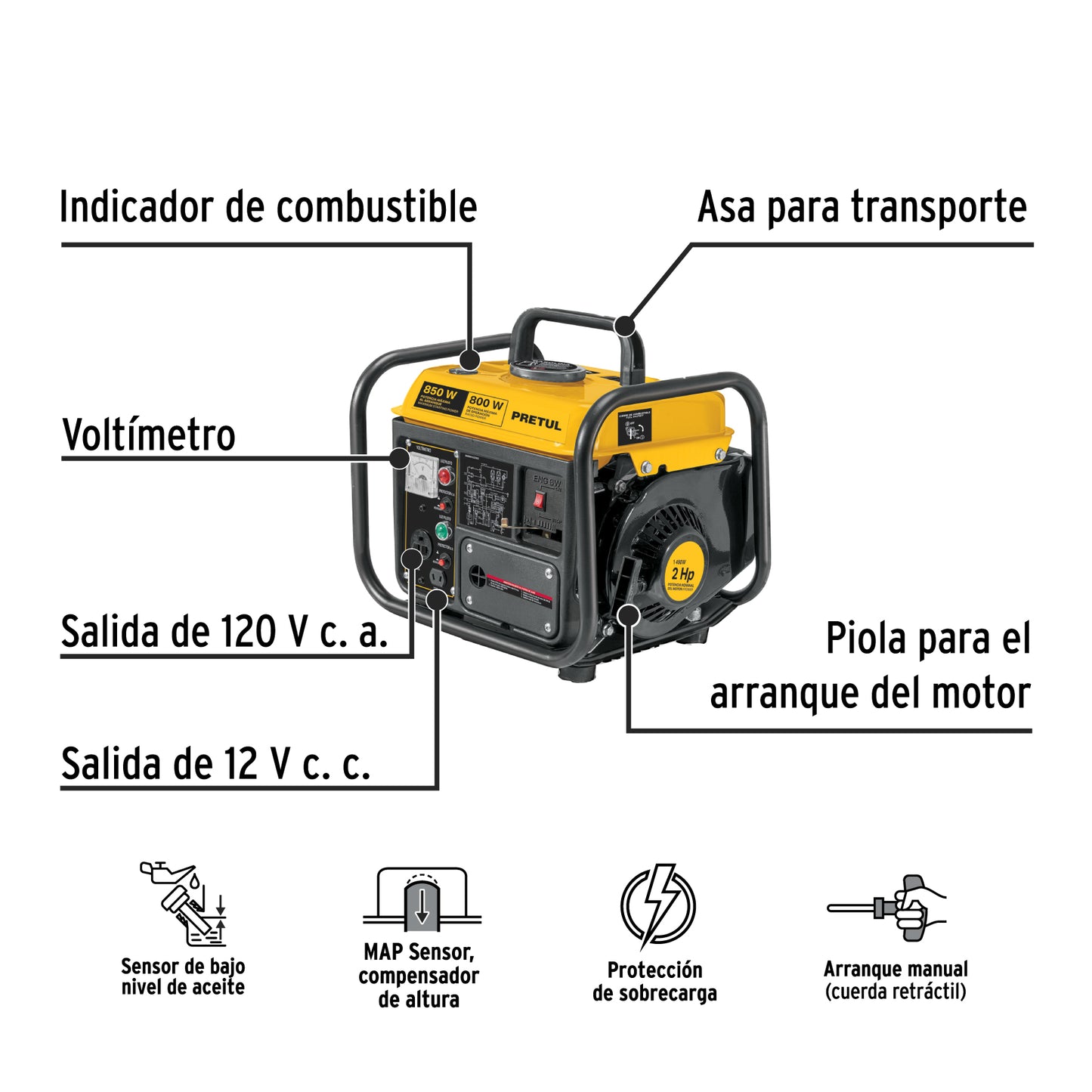 Generador portátil 0.8 kW motor 2 tiempos a gasolina, PRETUL | GEN-08P | 29913