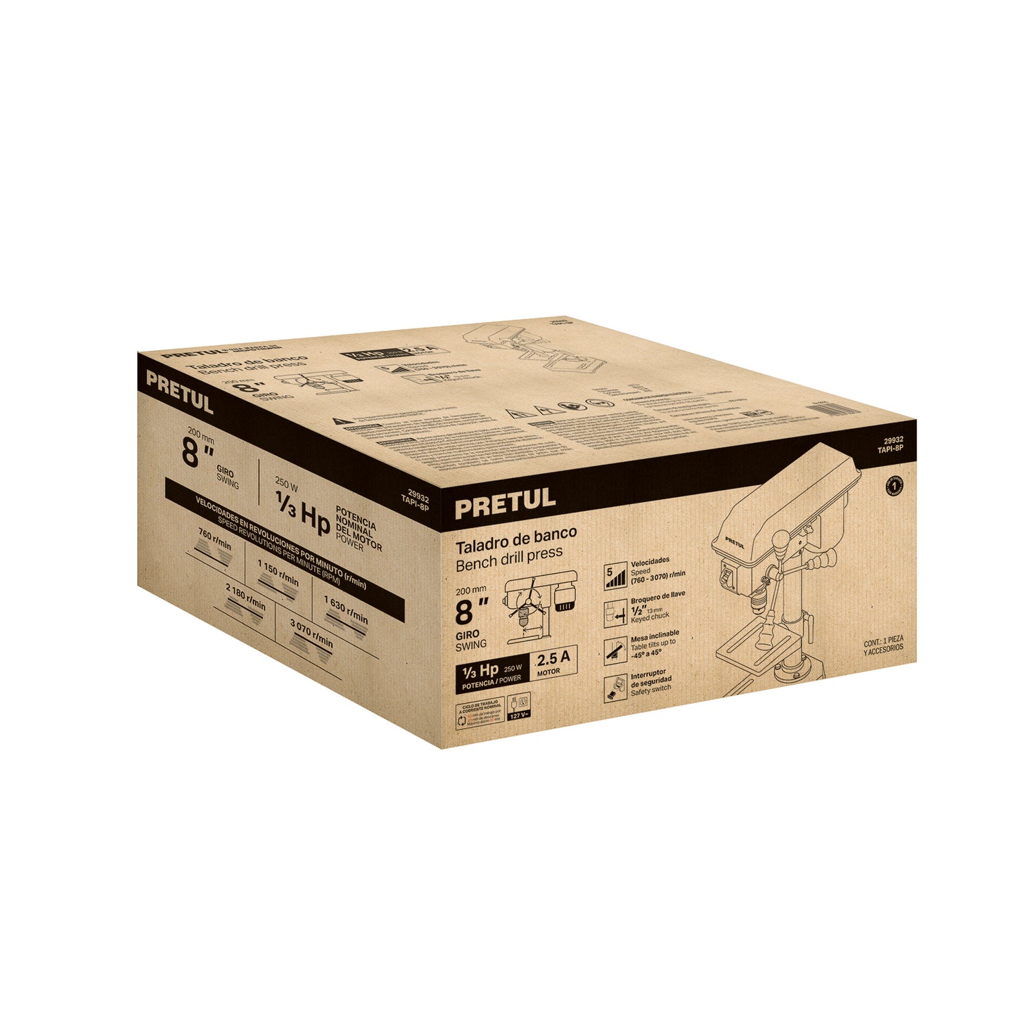 Taladro de banco 8', 1/3 HP (250 W), broquero 1/2', PRETUL | TAPI-8P | 29932